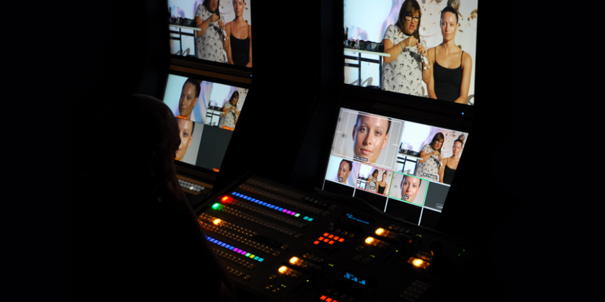 Vision mixer and multiviewer monitors at a multi-camera event shoot