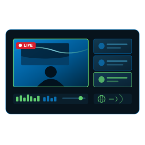 Live webcast gallery showing programme output, a remote presenter feed, multi-camera sources and audio metering
