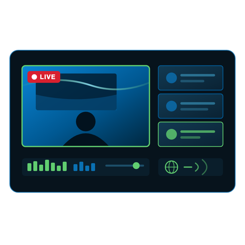 Live webcast gallery showing programme output, a remote presenter feed, multi-camera sources and audio metering