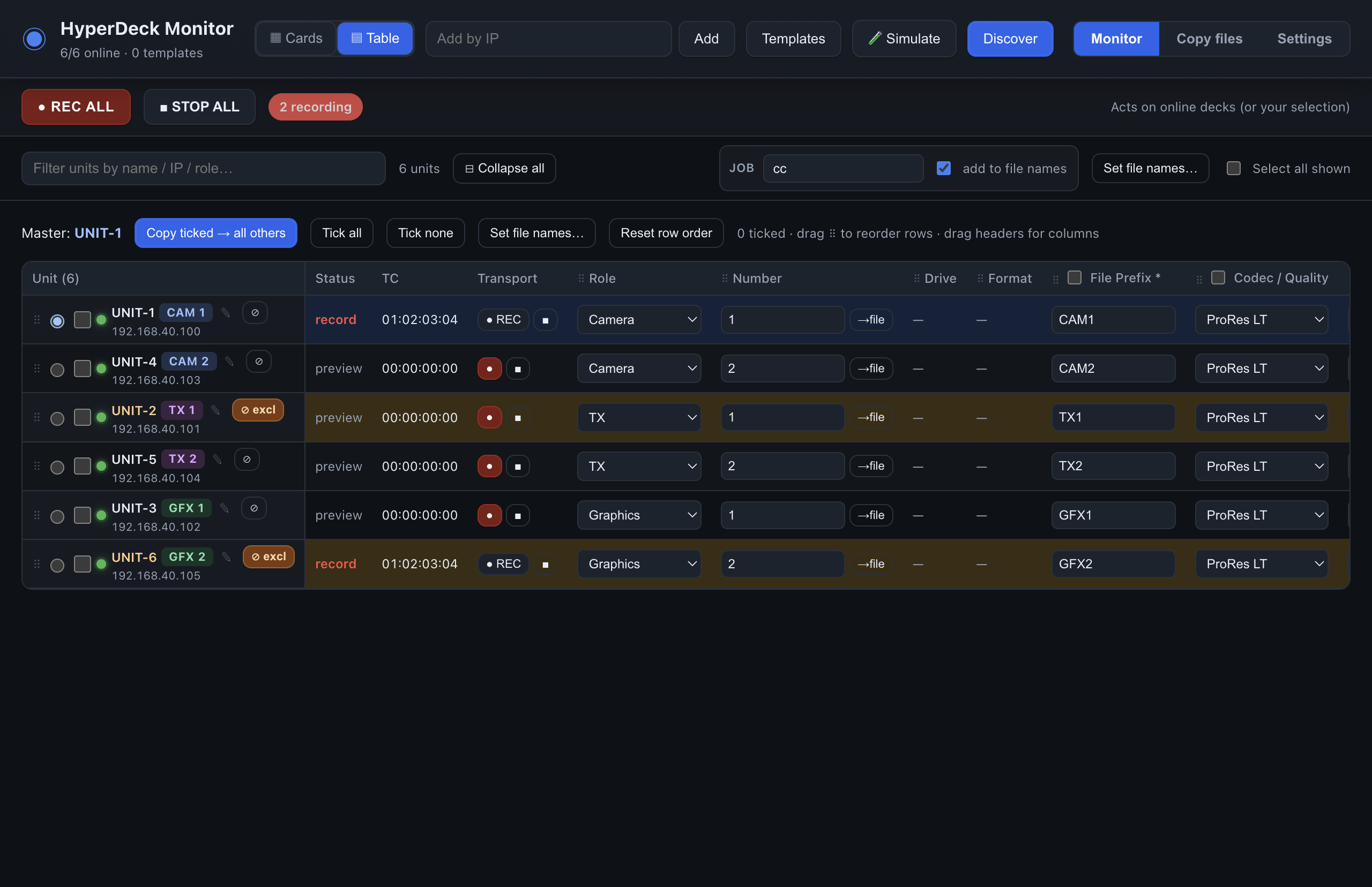 Table view listing six decks as rows with role, number, file prefix and codec drop-downs in each row