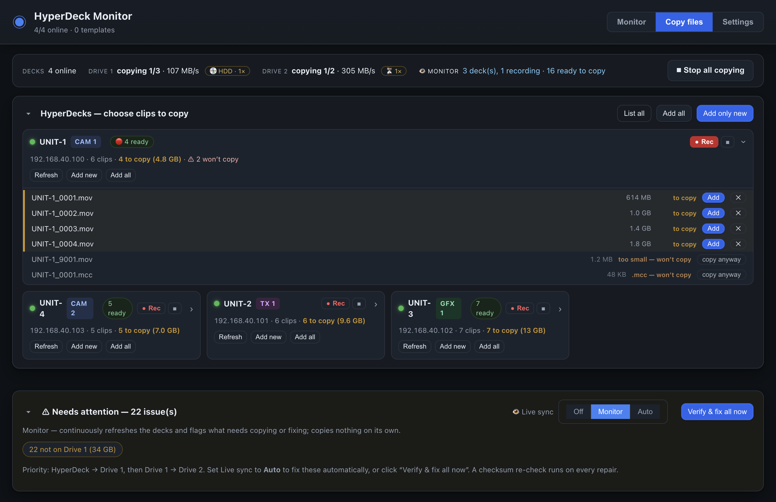 Copy files tab: a deck expanded to show its clips with sizes and a queue copying to Drive 1 and Drive 2 with live speeds