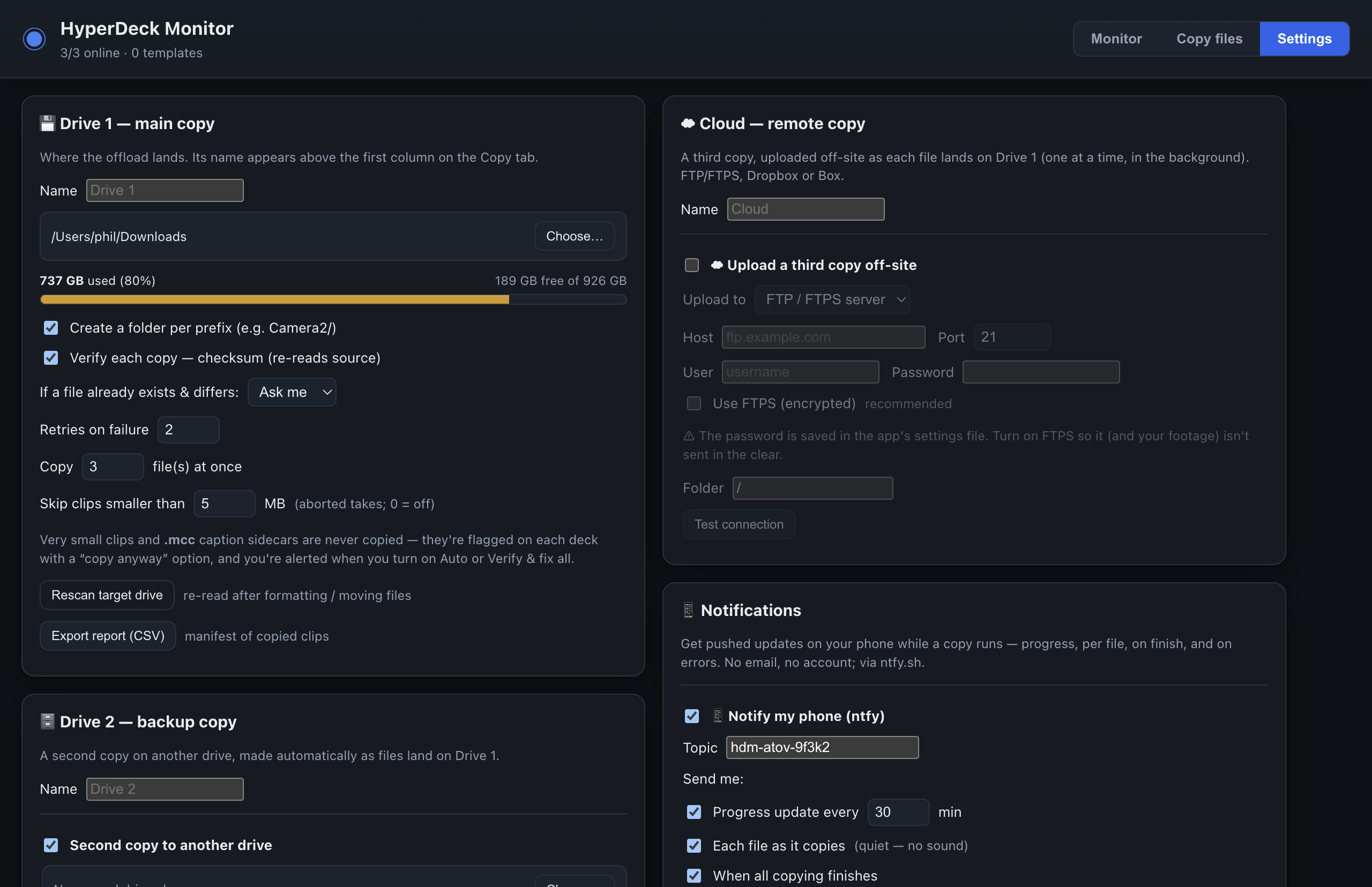 Settings tab with Drive 1 main copy options, Drive 2 backup, cloud remote copy and notifications