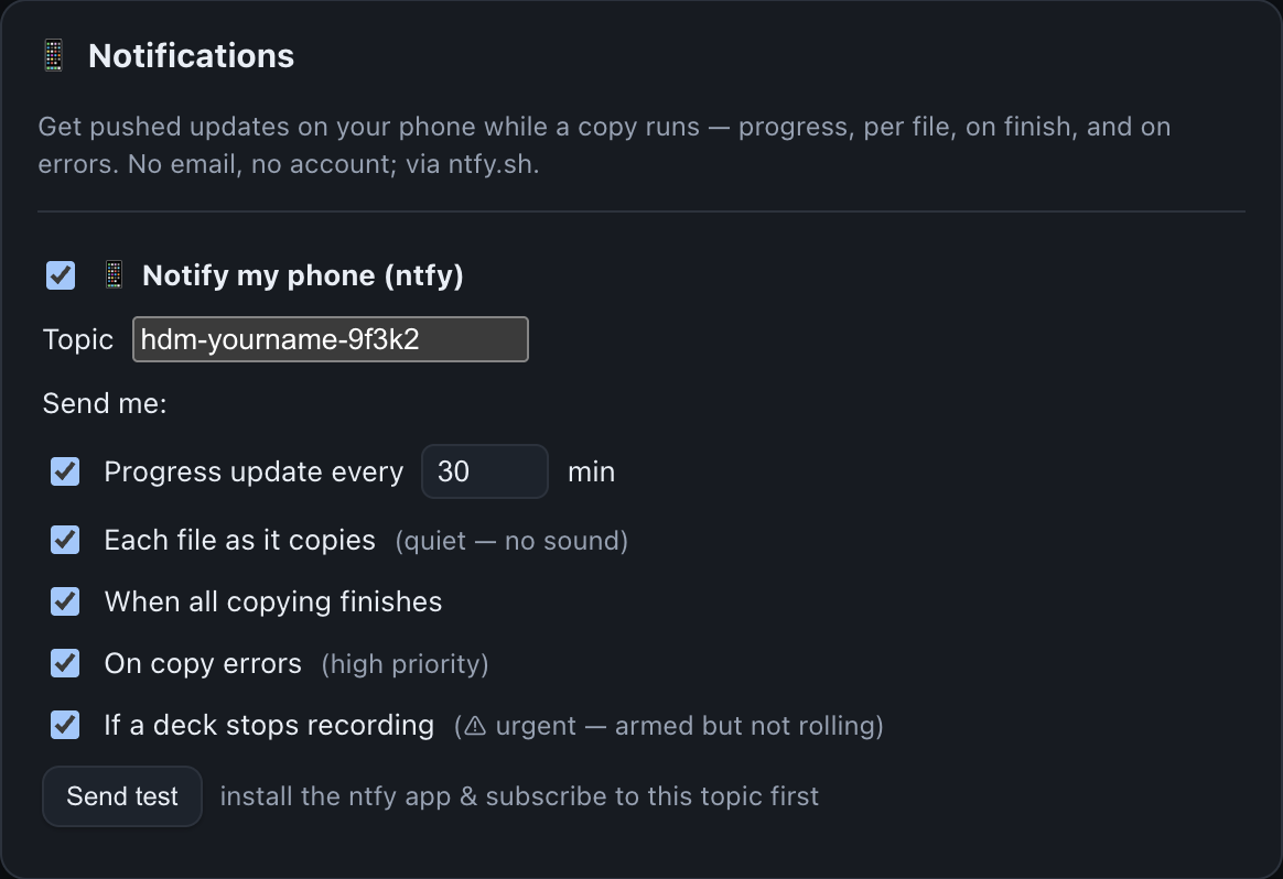 Notifications settings: Notify my phone via ntfy with a topic name and options for progress, per-file, finish, errors and a deck that stops recording