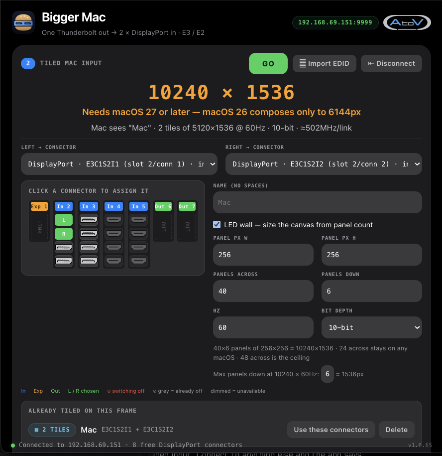 Bigger Mac LED wall mode sizing a 10240 x 1536 canvas from 40 x 6 panels of 256 x 256